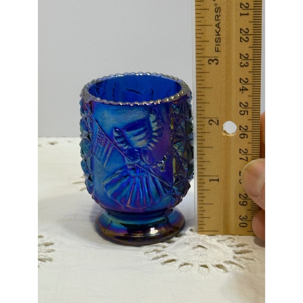 Blue Carnival Glass Betsy Ross with Flag Toothpick Holder Iridescent Votive - Picture 6 of 7